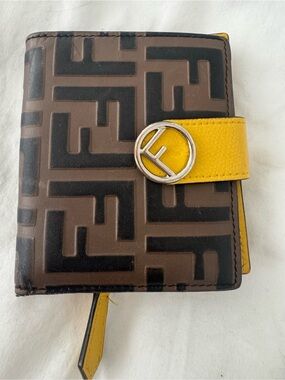 Fendi Brown and Black Monogram Bifold Wallet with Yellow Strap